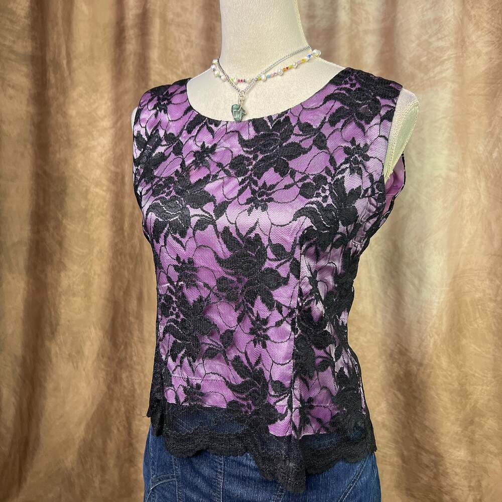 Vintage Renaissance Top Floral Lace Satin Sleeveless Purple Y2K Whimsigoth Fairy
